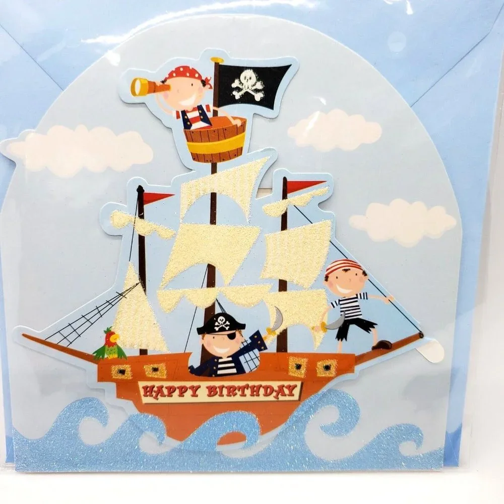 Magi Design London Large Glitter Blank Happy Birthday Greeting Card *PIRATES*